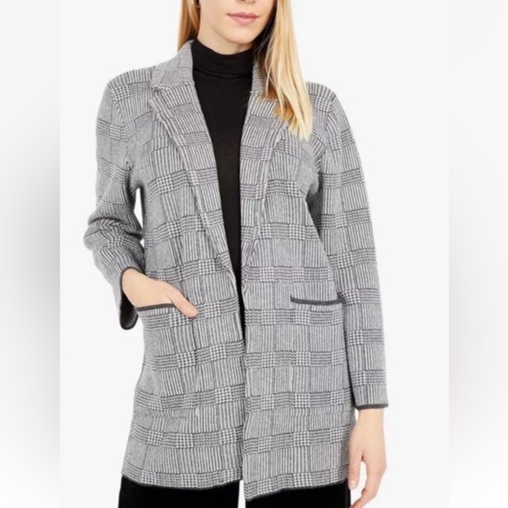 J CREW Sophie Open Front Sweater Blazer in Glen Plaid Sz XS Cotton Wool